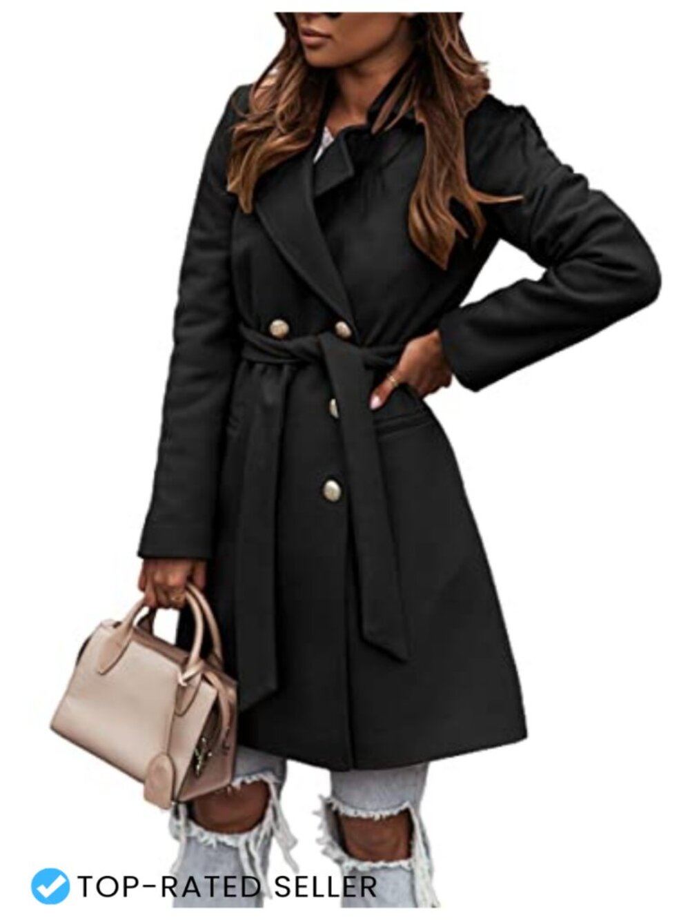 Womens Wool Blend Double Breasted Trench Coat Belted Pea Coat Fall Winter